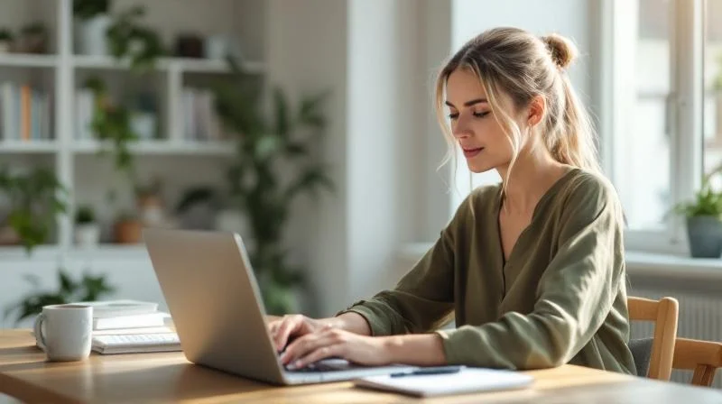Frau informiert sich am Laptop über Weiterbildungsmöglichkeiten in Düsseldorf