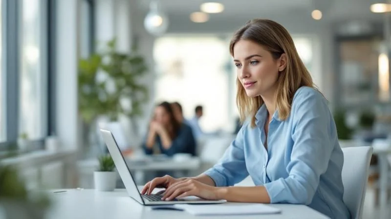 Frau arbeitet konzentriert am Laptop in einem modernen Büro in Düsseldorf