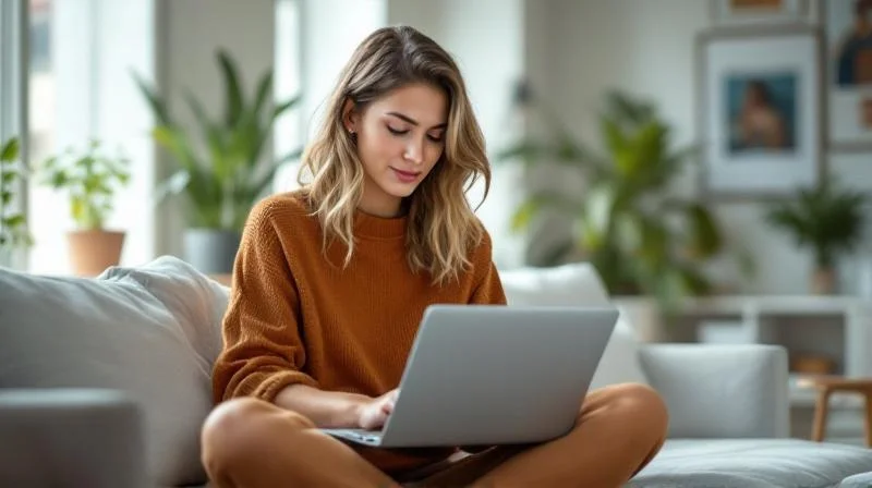 Frau arbeitet konzentriert am Laptop in einem modernen Düsseldorfer Büro