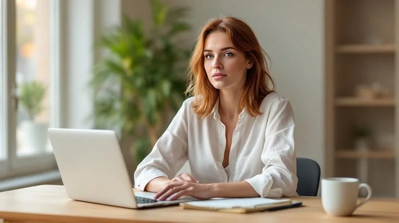 Frau arbeitet konzentriert am Laptop in einer hellen Wohnung in Düsseldorf