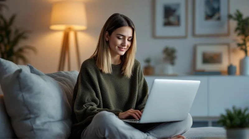 Frau lernt am Laptop in einer modernen Wohnung in Düsseldorf